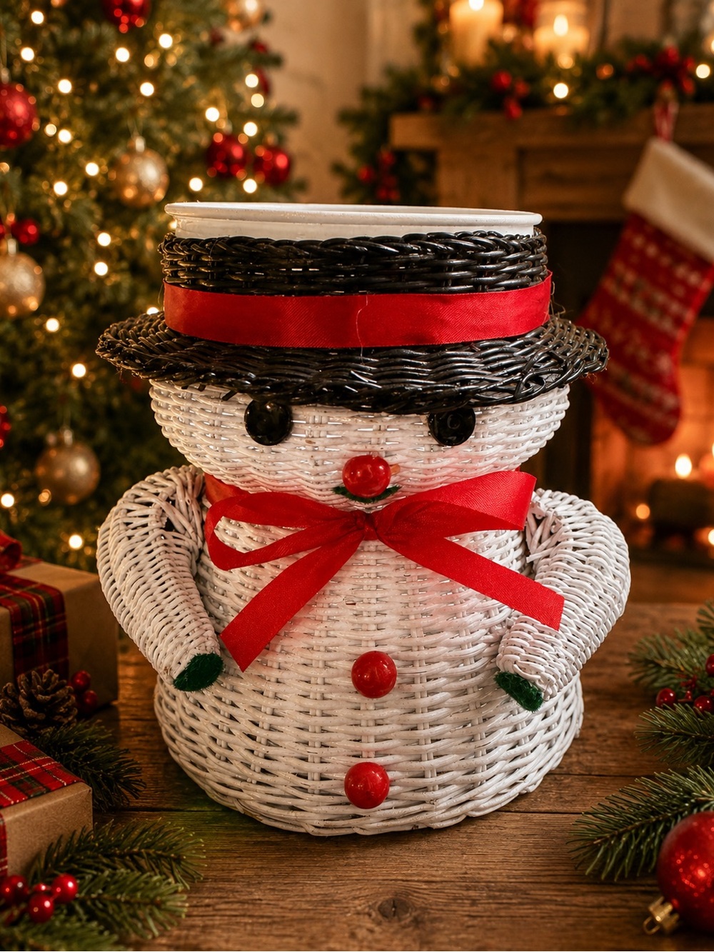 Festive White Wicker Snowman Planter